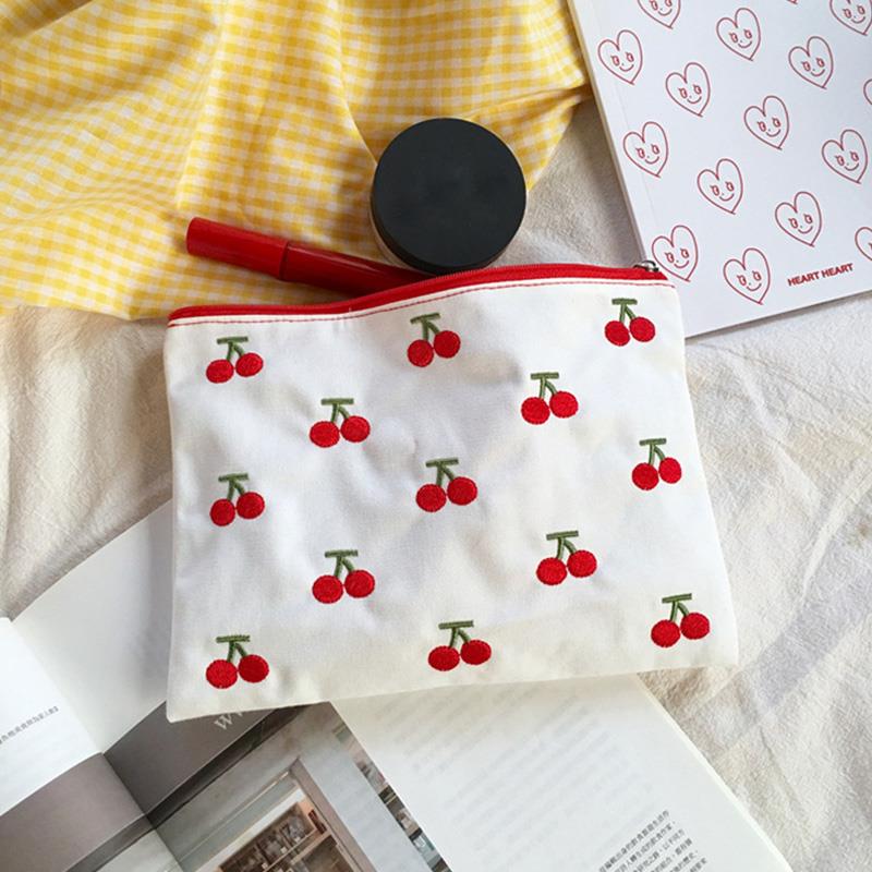 2021 INS Canvas Cherry Embroidery Pencil Case Cosmetic Bag Korean Cute Storage Bag Concise Cute Student Stationery