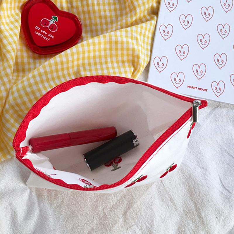 2021 INS Canvas Cherry Embroidery Pencil Case Cosmetic Bag Korean Cute Storage Bag Concise Cute Student Stationery