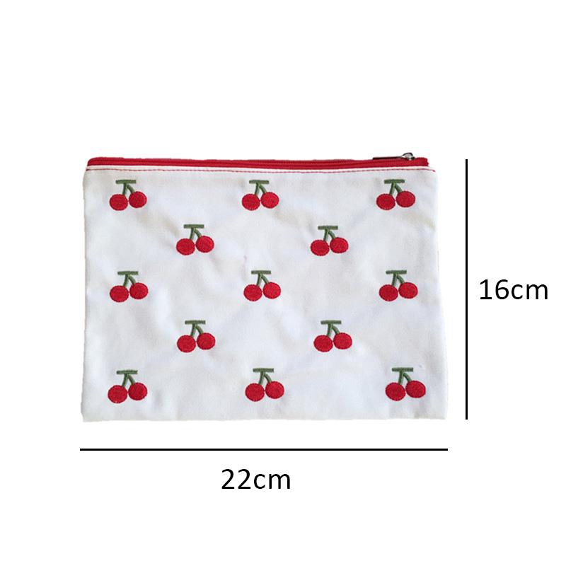 2021 INS Canvas Cherry Embroidery Pencil Case Cosmetic Bag Korean Cute Storage Bag Concise Cute Student Stationery