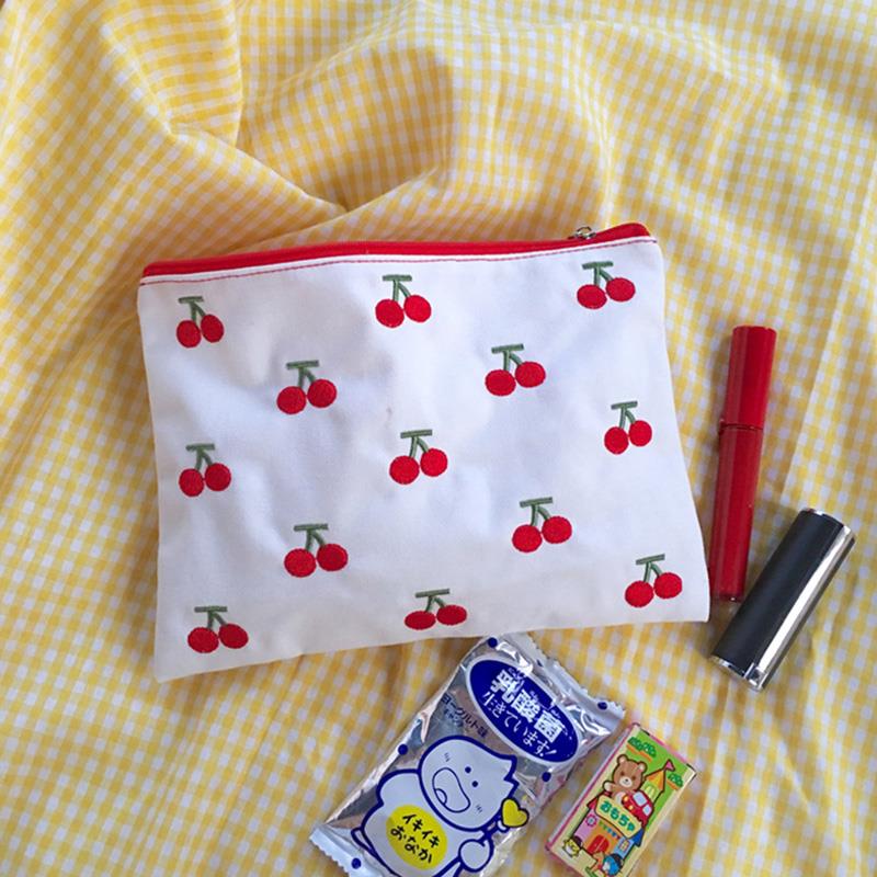 2021 INS Canvas Cherry Embroidery Pencil Case Cosmetic Bag Korean Cute Storage Bag Concise Cute Student Stationery