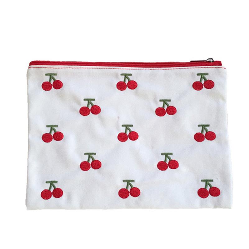 2021 INS Canvas Cherry Embroidery Pencil Case Cosmetic Bag Korean Cute Storage Bag Concise Cute Student Stationery