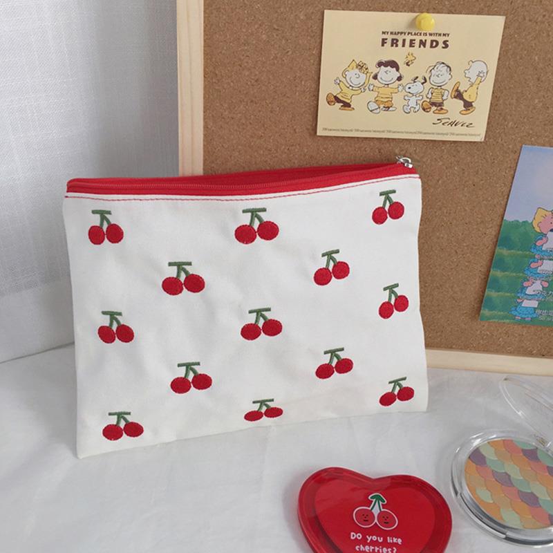 2021 INS Canvas Cherry Embroidery Pencil Case Cosmetic Bag Korean Cute Storage Bag Concise Cute Student Stationery