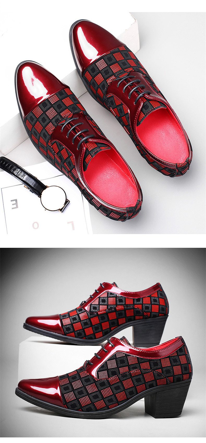 New Fashion Red Plaid Men's Dress Shoes Pointed Leather High Heel Shoes Men Height Increasing Wedding Shoes Men zapatos hombre