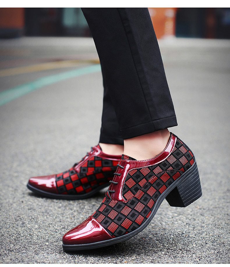 New Fashion Red Plaid Men's Dress Shoes Pointed Leather High Heel Shoes Men Height Increasing Wedding Shoes Men zapatos hombre