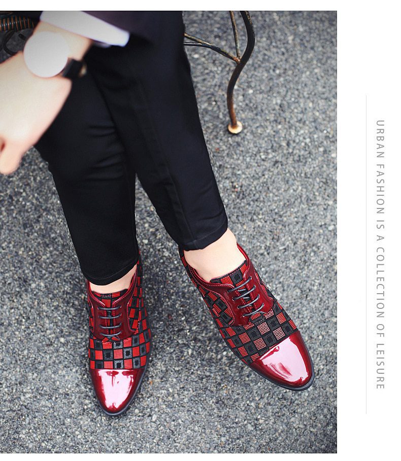 New Fashion Red Plaid Men's Dress Shoes Pointed Leather High Heel Shoes Men Height Increasing Wedding Shoes Men zapatos hombre