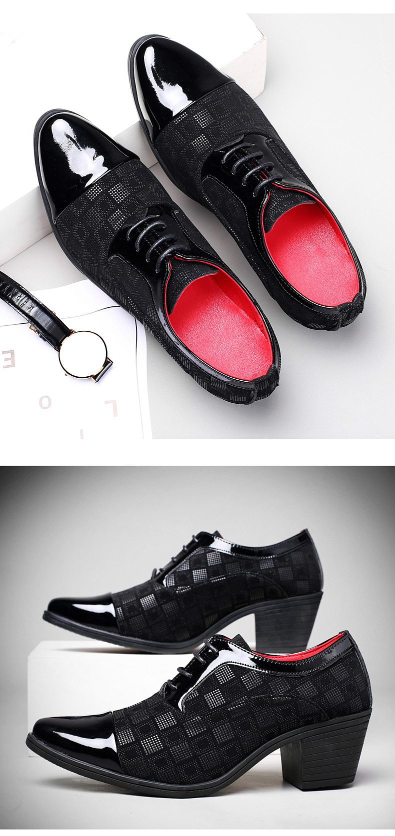 New Fashion Red Plaid Men's Dress Shoes Pointed Leather High Heel Shoes Men Height Increasing Wedding Shoes Men zapatos hombre