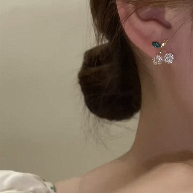 Korean Fashion Delicate Zircon Cherry Earrings for Women Luxury Plated Gold High-Grade Earring Wedding Jewelry Birthday Gift