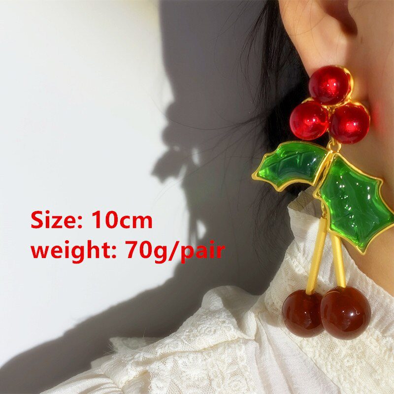 New Transparent Glass Cherry Big Drop Earrings Metal Gold Color for Women Jewerly 2022 Vintage Exaggerated Europe and America