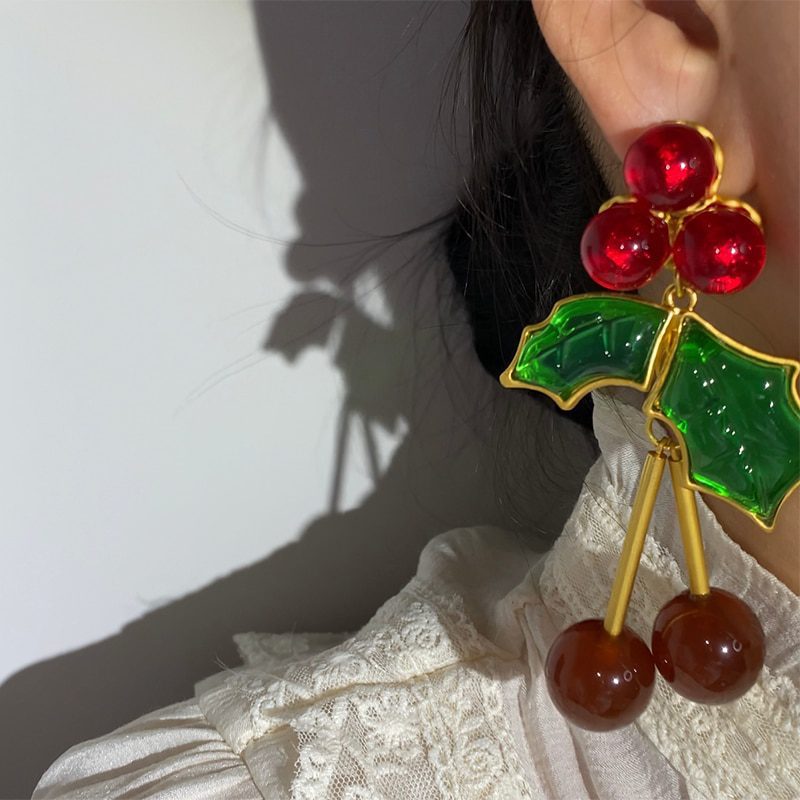 New Transparent Glass Cherry Big Drop Earrings Metal Gold Color for Women Jewerly 2022 Vintage Exaggerated Europe and America