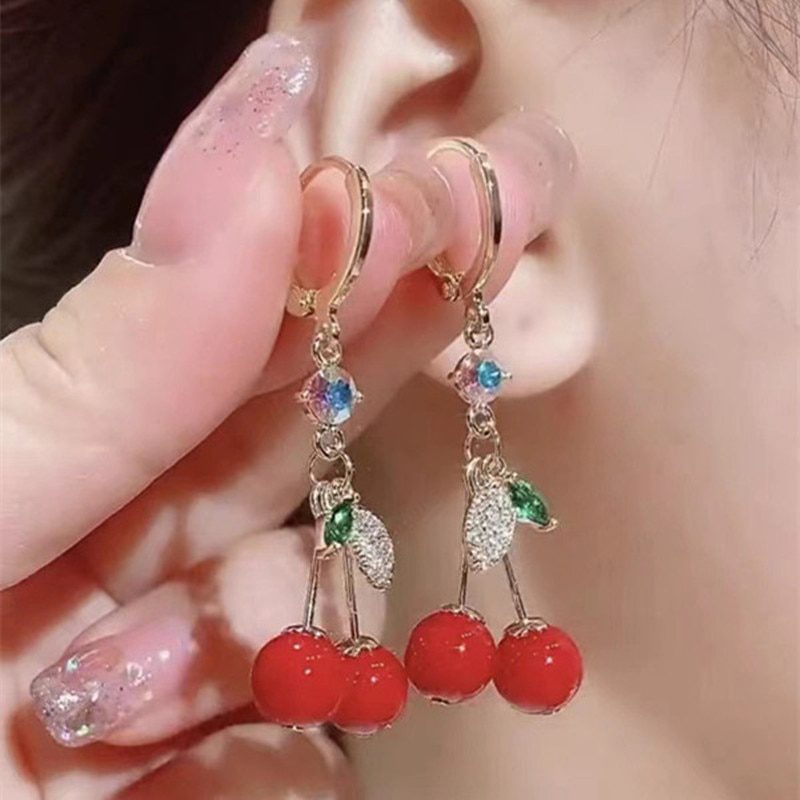 Japanese and Korean Sweet Cherry Drop Earrings For Women Exquisite Crystal Butterfly Tassel Hanging Earrings Party Jewelry Gifts