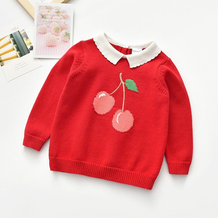 Baby Kids Girls Long Sleeve Cherry Printing Knit Sweater Autumn Winter Kids Girls Pullover Sweaters Children's Clothes