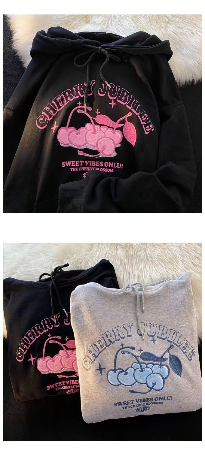 Black Gray Cherry  Cute Hoodies Women Girls Kawaii Cartoon Sweatshirt Long Sleeve