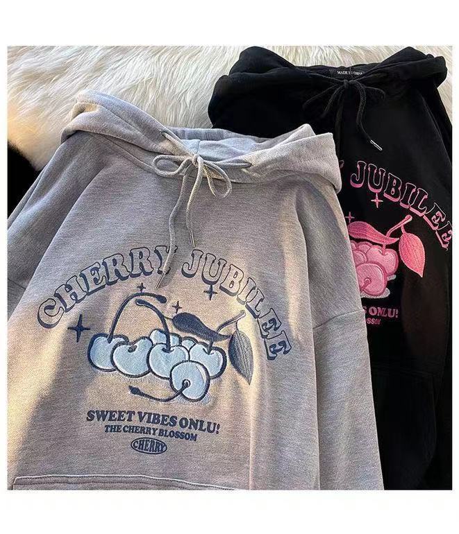 Black Gray Cherry  Cute Hoodies Women Girls Kawaii Cartoon Sweatshirt Long Sleeve