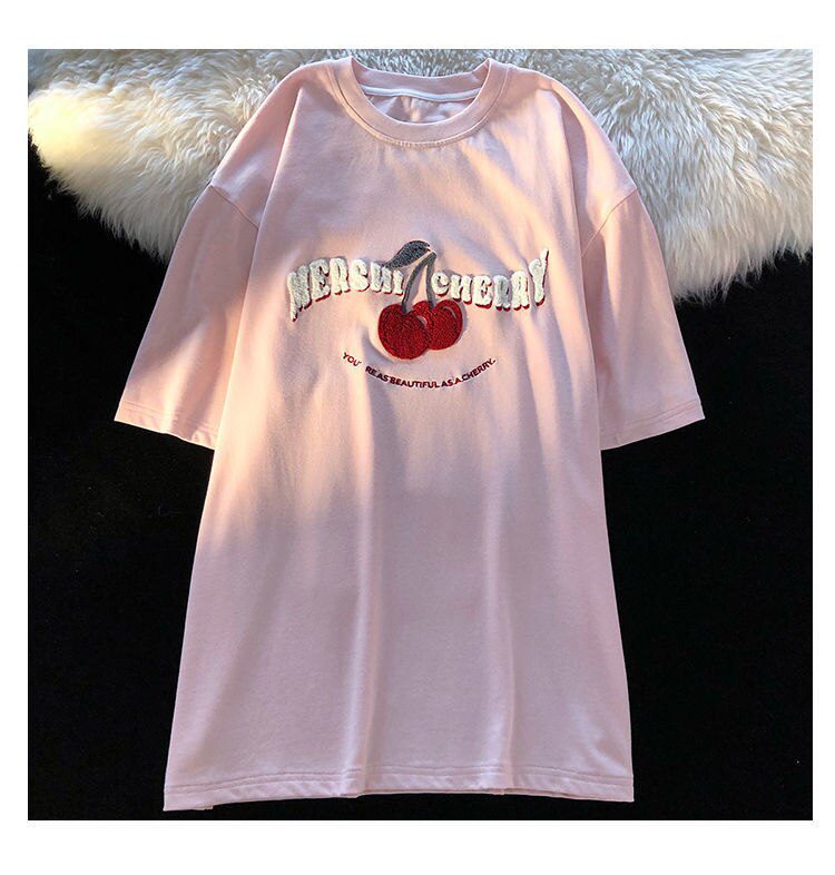 Cherry Embroidery T Shirts Kawaii Girls Pink  Large 3XL