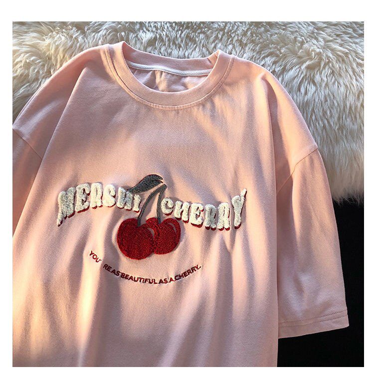 Cherry Embroidery T Shirts Kawaii Girls Pink  Large 3XL