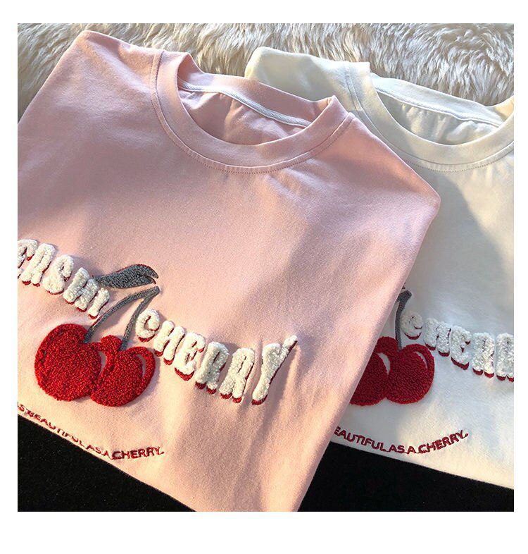 Cherry Embroidery T Shirts Kawaii Girls Pink  Large 3XL