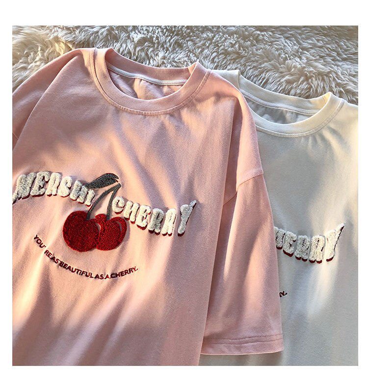 Cherry Embroidery T Shirts Kawaii Girls Pink  Large 3XL