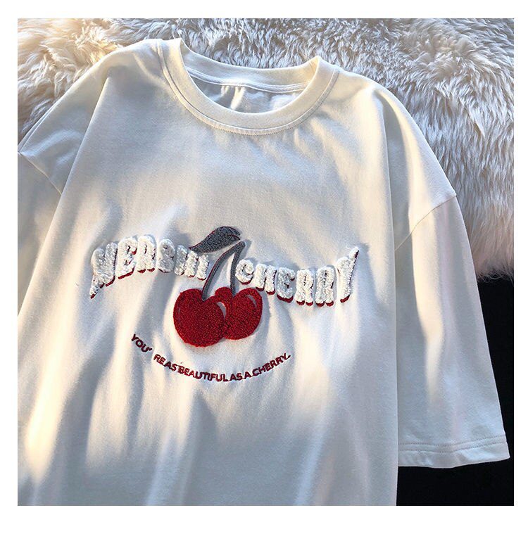 Cherry Embroidery T Shirts Kawaii Girls Pink  Large 3XL