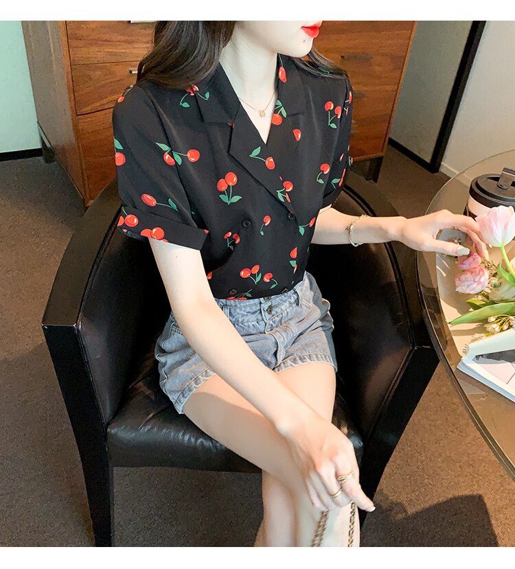 Hong Kong Retro Women Shirt Cherry Print Floral Suit Collar Short Sleeve Summer Chic Chiffon Button Up Top Casual Camisa Mujer