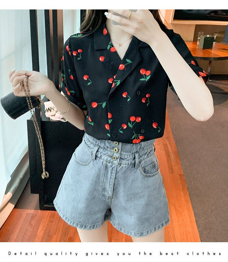 Hong Kong Retro Women Shirt Cherry Print Floral Suit Collar Short Sleeve Summer Chic Chiffon Button Up Top Casual Camisa Mujer