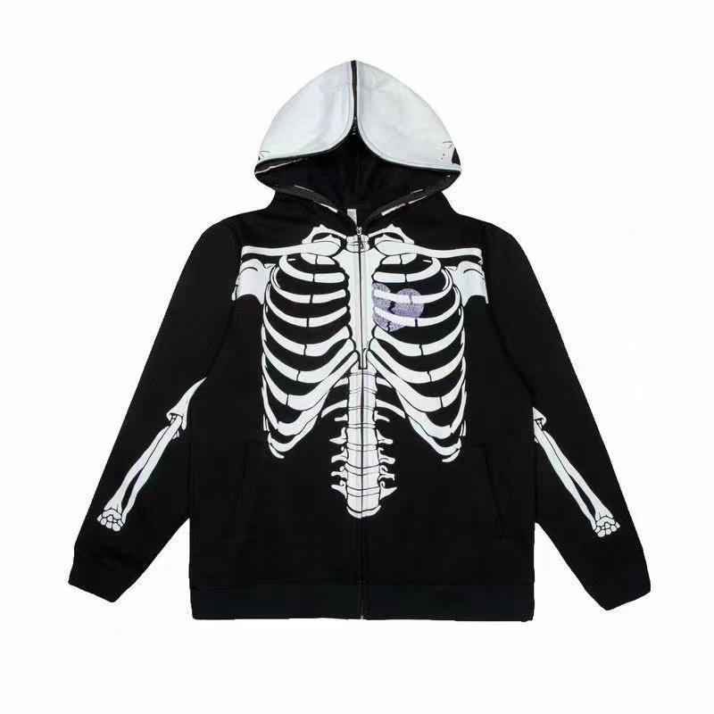 Gothic Dark Skull and Bones Full Print Design Streetwear Hip Hop Hoodie Women Loose Casual Couples Zipper Cardigan Hoodies Women