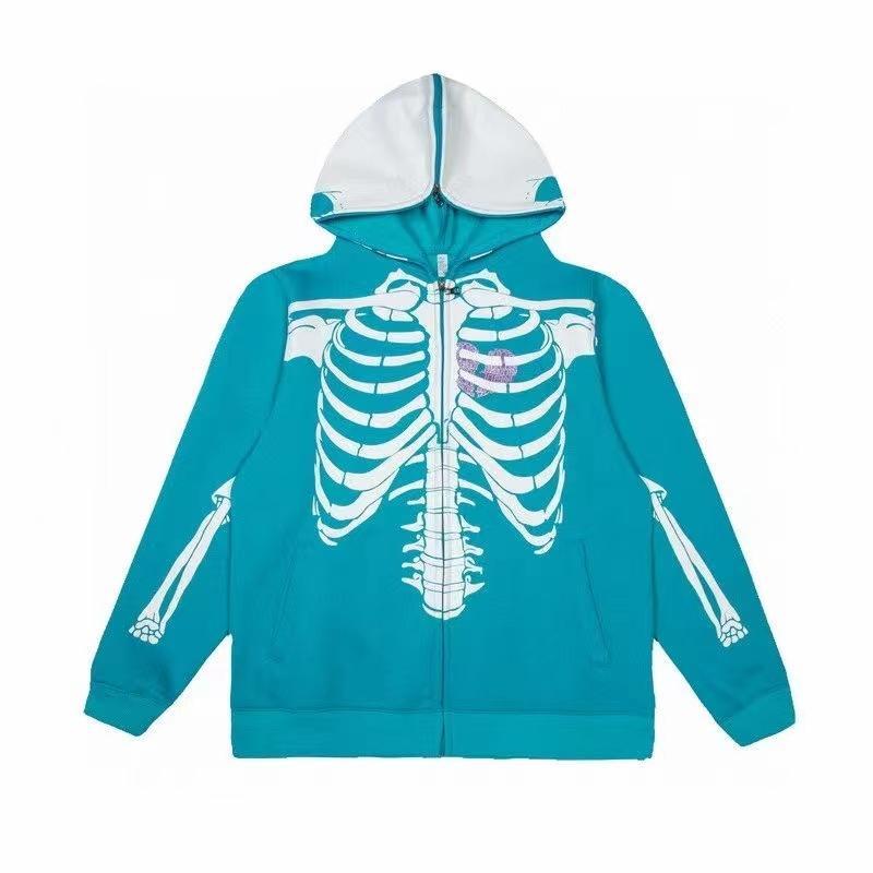 Gothic Dark Skull and Bones Full Print Design Streetwear Hip Hop Hoodie Women Loose Casual Couples Zipper Cardigan Hoodies Women