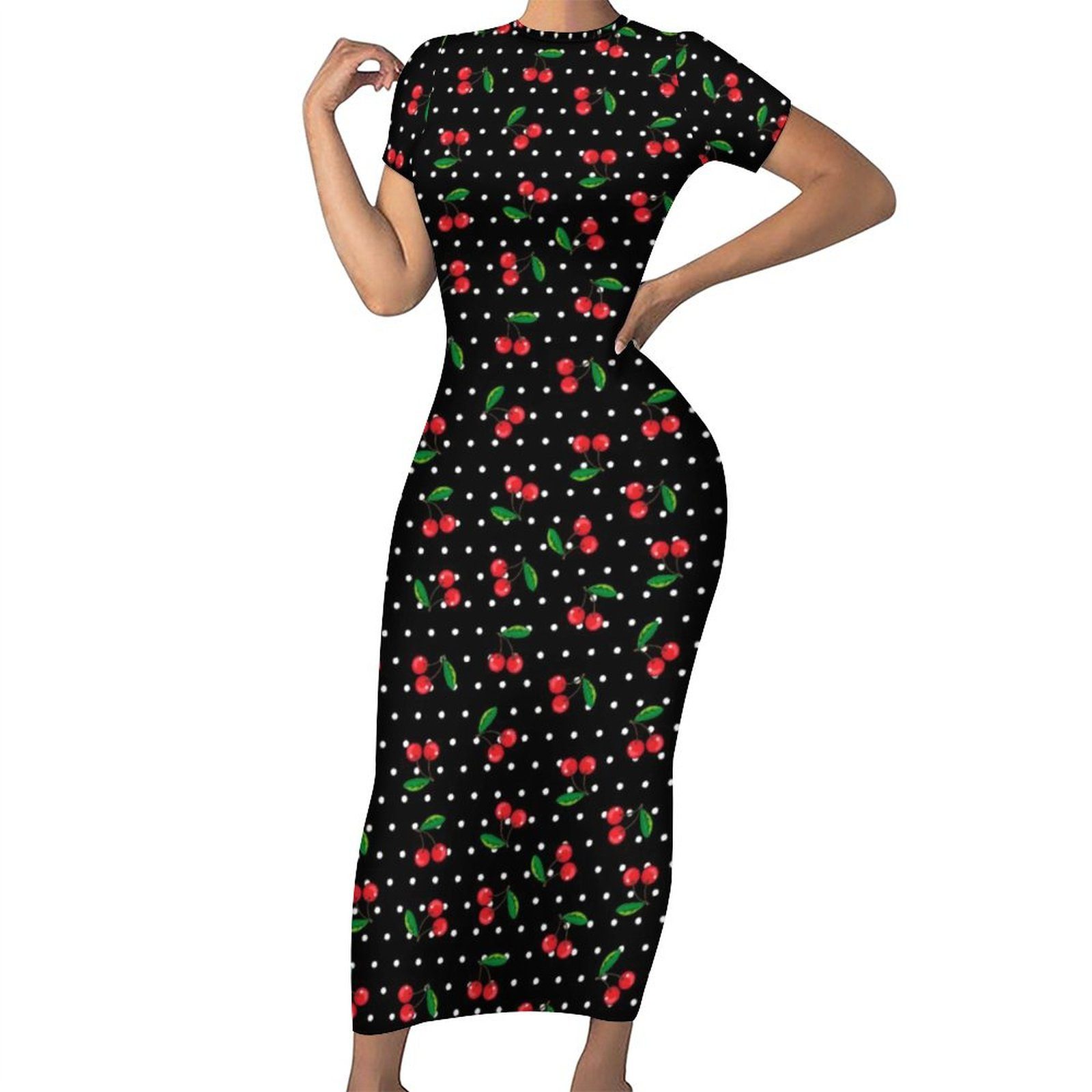 Cherry And Leaf Dress Short Sleeve Polka Dots Print Aesthetic Maxi Dresses Sexy Bodycon Dress Female Custom Big Size Clothing