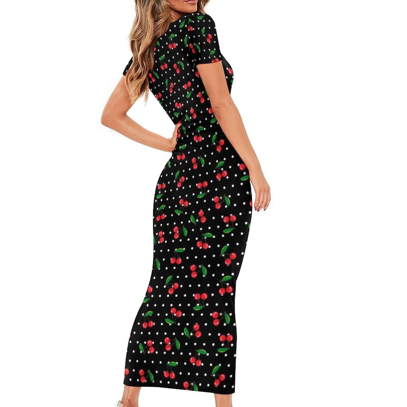 Cherry And Leaf Dress Short Sleeve Polka Dots Print Aesthetic Maxi Dresses Sexy Bodycon Dress Female Custom Big Size Clothing