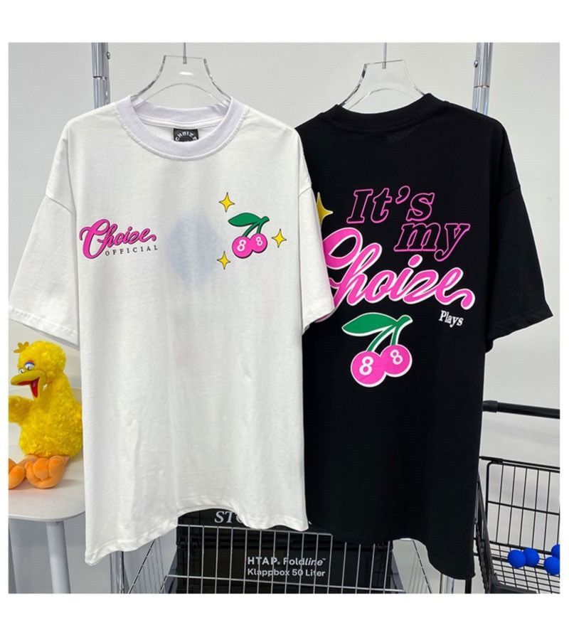 Korean Trend High Street Cherry Letters Graphic T Shirts Oversized Short Sleeve Black White Tops 2022 Summer Cotton Sweet Girls