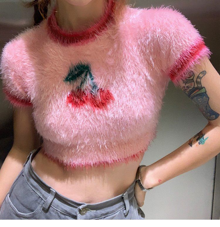 Ins Korean Fashion Lovely Pink Cherry Knitted Crop Tops Sweet Girl Skinny T Shirts 2022 Summer Streetwear Hip Hop Y2k Aesthetic