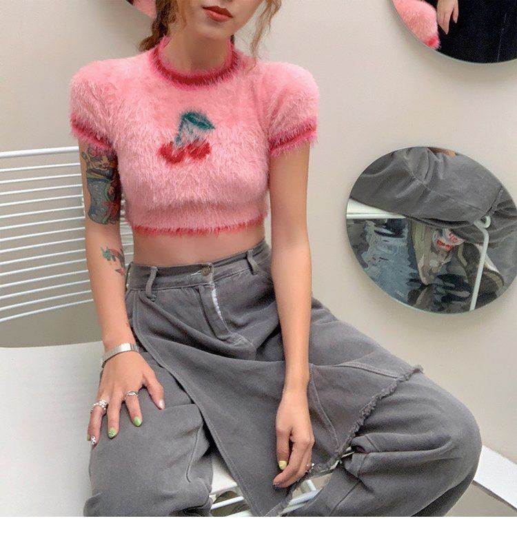 Ins Korean Fashion Lovely Pink Cherry Knitted Crop Tops Sweet Girl Skinny T Shirts 2022 Summer Streetwear Hip Hop Y2k Aesthetic