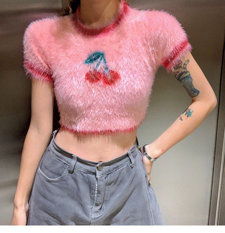 Ins Korean Fashion Lovely Pink Cherry Knitted Crop Tops Sweet Girl Skinny T Shirts 2022 Summer Streetwear Hip Hop Y2k Aesthetic