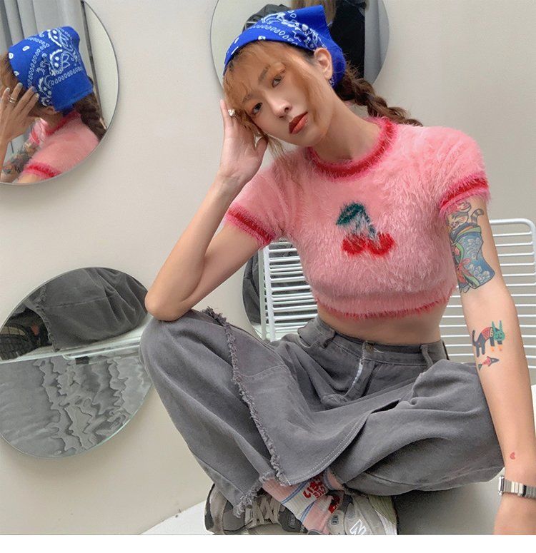 Ins Korean Fashion Lovely Pink Cherry Knitted Crop Tops Sweet Girl Skinny T Shirts 2022 Summer Streetwear Hip Hop Y2k Aesthetic