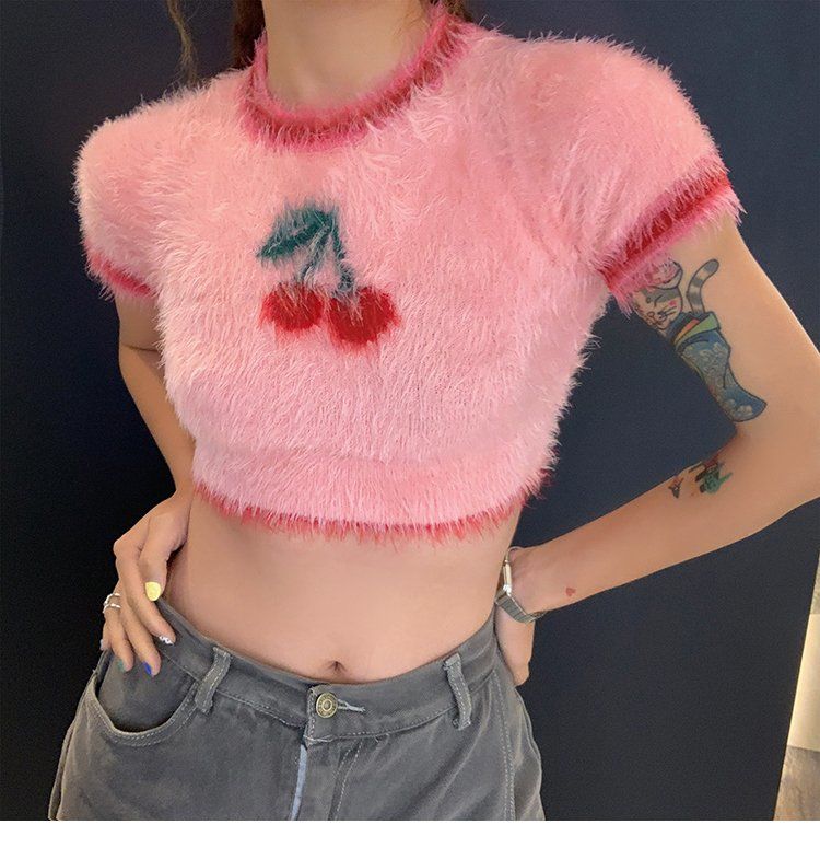 Ins Korean Fashion Lovely Pink Cherry Knitted Crop Tops Sweet Girl Skinny T Shirts 2022 Summer Streetwear Hip Hop Y2k Aesthetic