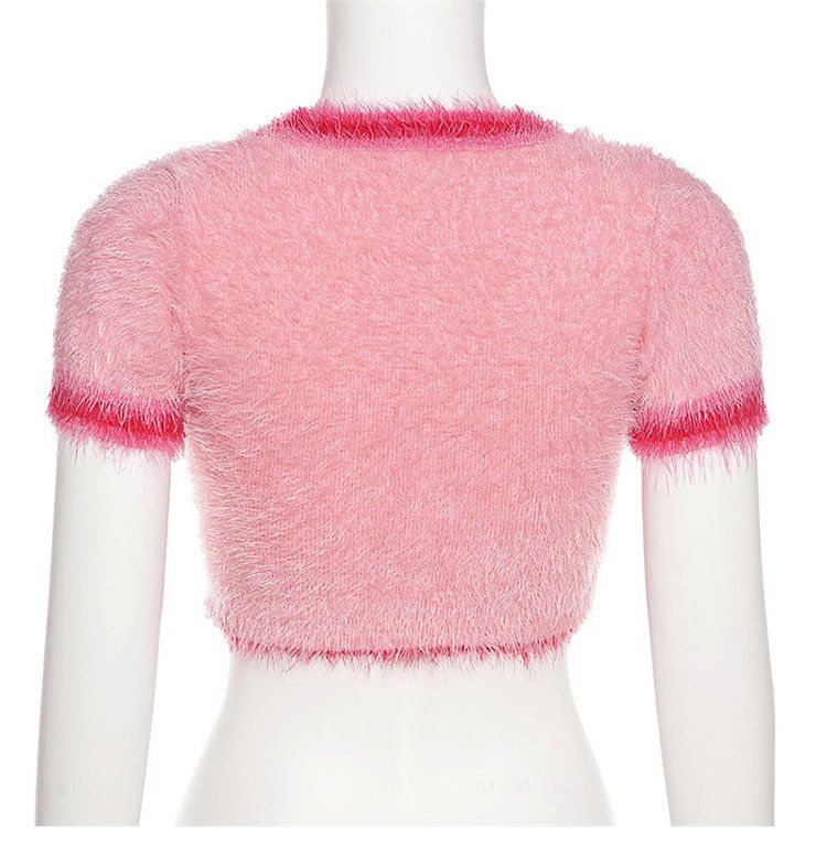 Ins Korean Fashion Lovely Pink Cherry Knitted Crop Tops Sweet Girl Skinny T Shirts 2022 Summer Streetwear Hip Hop Y2k Aesthetic