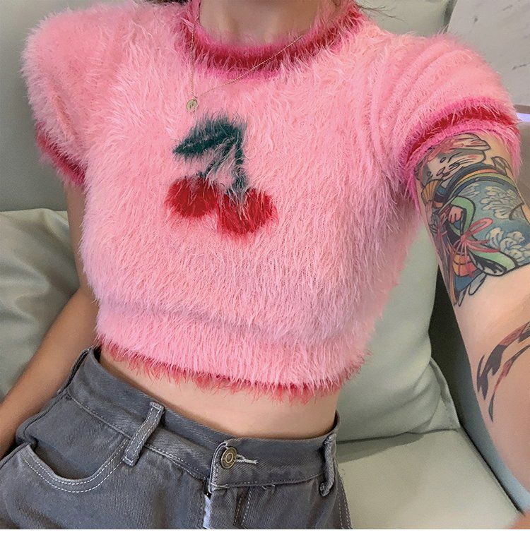 Ins Korean Fashion Lovely Pink Cherry Knitted Crop Tops Sweet Girl Skinny T Shirts 2022 Summer Streetwear Hip Hop Y2k Aesthetic