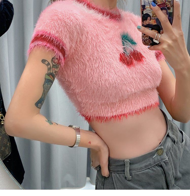 Ins Korean Fashion Lovely Pink Cherry Knitted Crop Tops Sweet Girl Skinny T Shirts 2022 Summer Streetwear Hip Hop Y2k Aesthetic