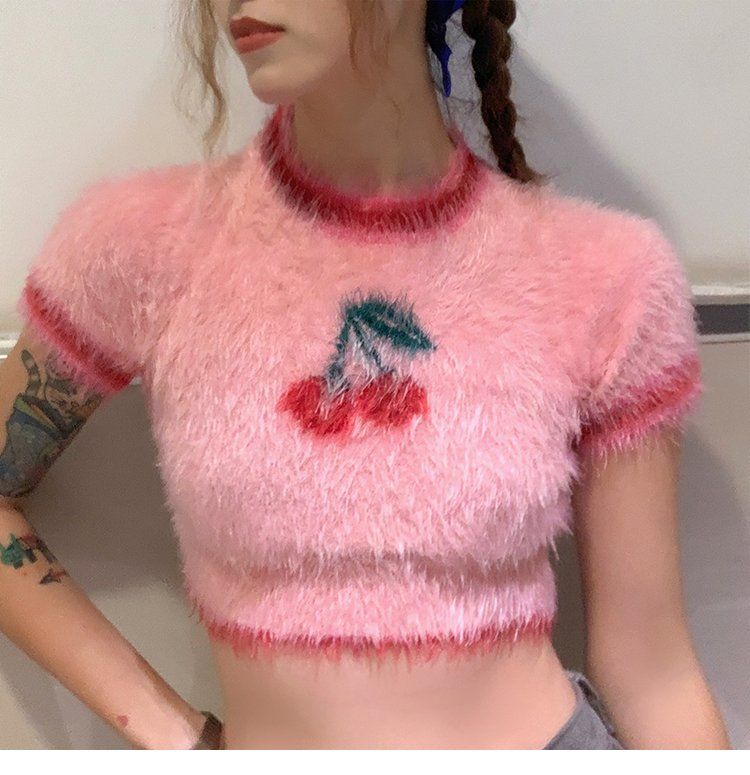 Ins Korean Fashion Lovely Pink Cherry Knitted Crop Tops Sweet Girl Skinny T Shirts 2022 Summer Streetwear Hip Hop Y2k Aesthetic