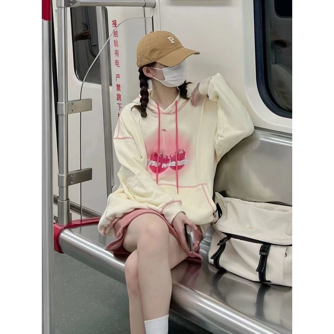 Cute Fruit Cherry Print Bright Line Decoration Apricot Hoodies Women Oversized Sweatshirt Kawaii Clothes Korean Fashion Teenage