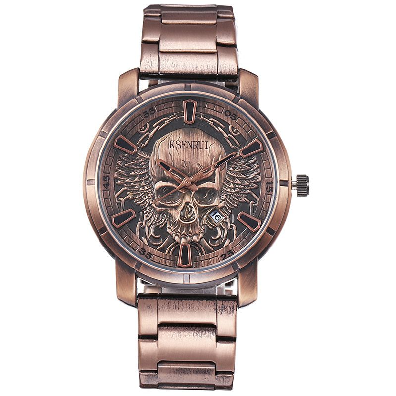 Men Skull Quartz Watch Fashion Watches Carving Engraved Dial Man Vintage Black Bronze Skeleton Male Clock Relogio Masculino