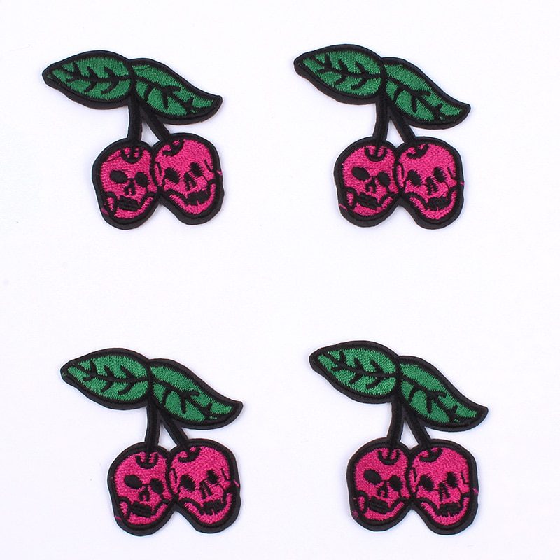 10pcs/lot Funny Cherry Patch Embroidered Skull Stickers Iron On Sew On Clothes Patches DIY Appliques Coats Jeans Motif Badge