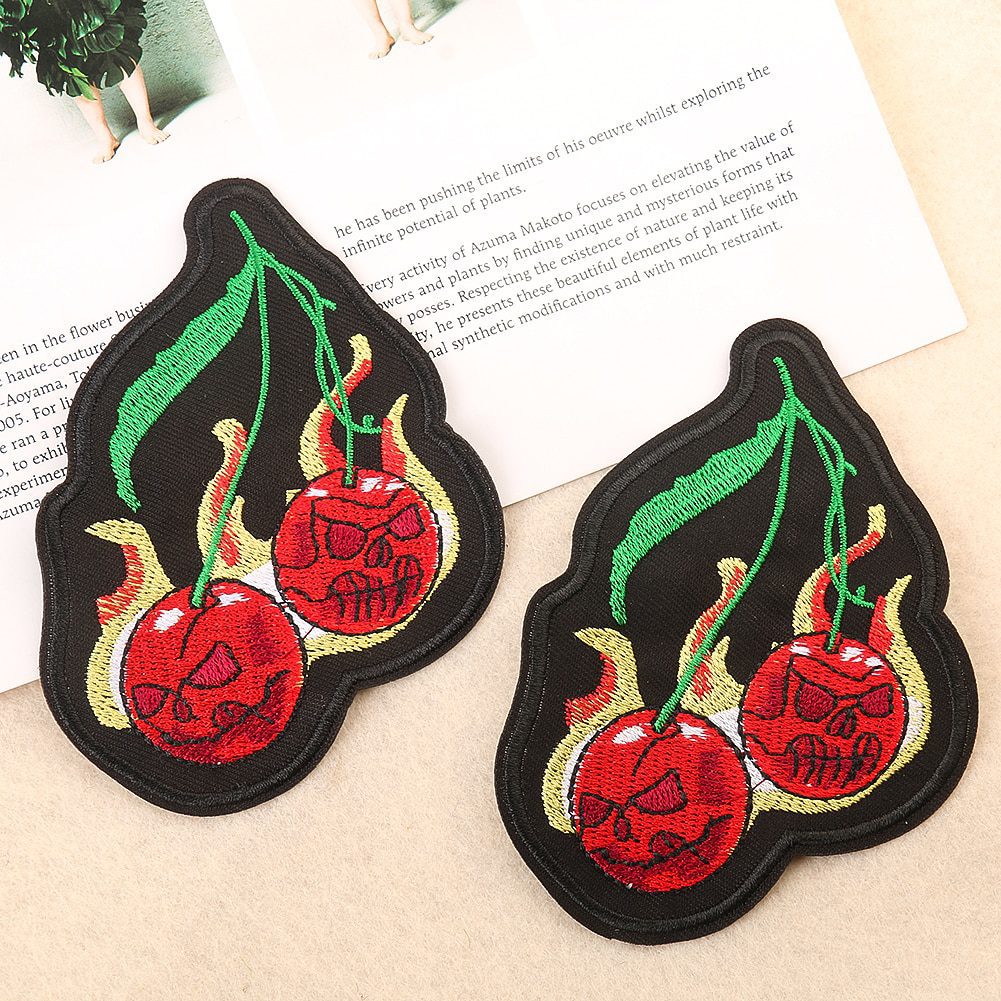 Skull Cherry Fruit Patch Punk Applique Embroidery Supplies Iron on Patches for Clothes Sticker Apparel Accessory Halloween Decor