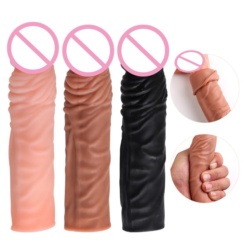 Realistic Penis Sleeve Extender Reusable Condoms Silicone Dick Enlarger Sheath Delay Ejaculation Sex Toys for Men 19CM