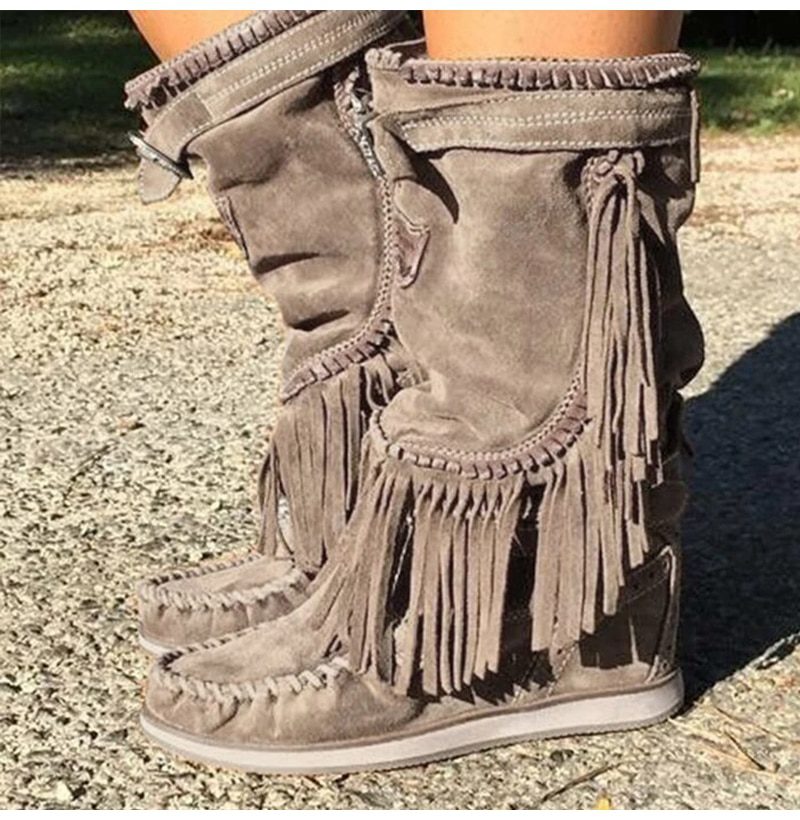 Pirate Boots Woman Pleated Tassel Mid-calf Boots Womens Sewing Footwear Buckle Leather High Heels Shoes Female Plus Size Zip