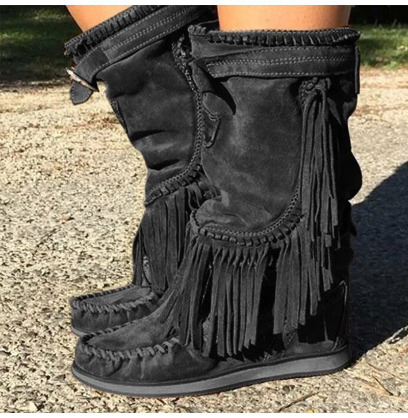 Pirate Boots Woman Pleated Tassel Mid-calf Boots Womens Sewing Footwear Buckle Leather High Heels Shoes Female Plus Size Zip