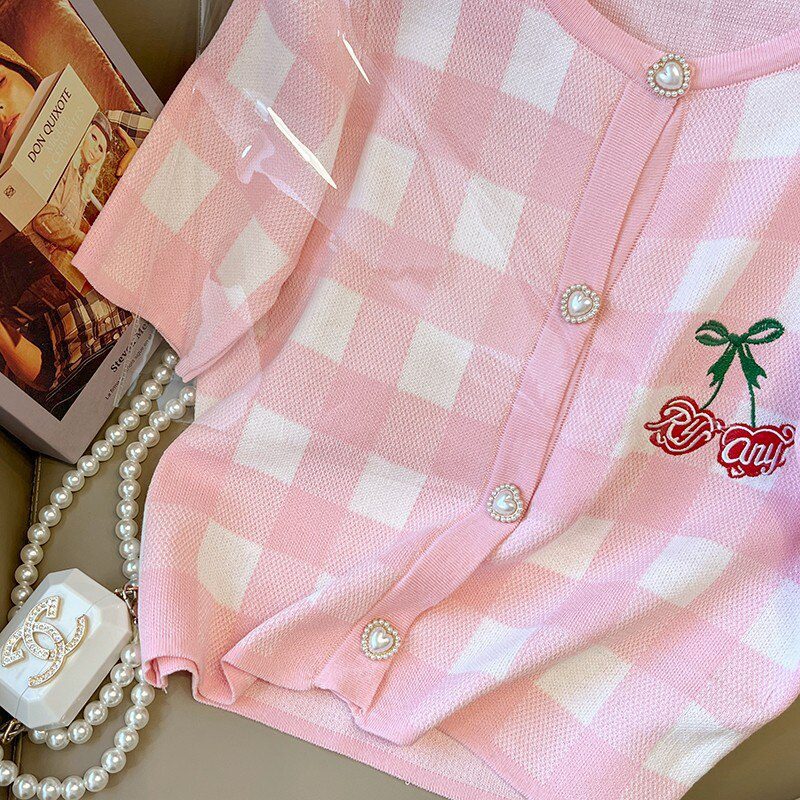 Cherry Embroidered Plaid Knitted Sweater Cardigan Women 2023 Summer Short Sleeve O-neck Single-breasted Tops Fashion Chic Jumper