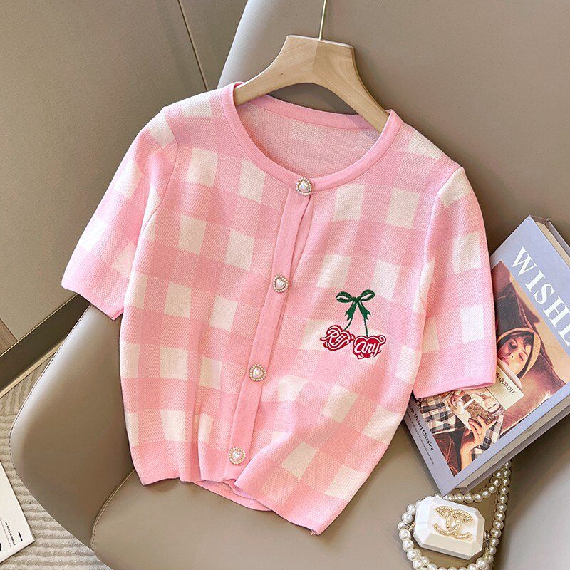 Cherry Embroidered Plaid Knitted Sweater Cardigan Women 2023 Summer Short Sleeve O-neck Single-breasted Tops Fashion Chic Jumper