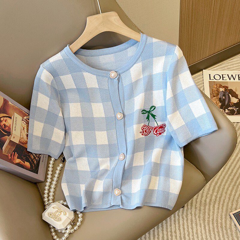 Cherry Embroidered Plaid Knitted Sweater Cardigan Women 2023 Summer Short Sleeve O-neck Single-breasted Tops Fashion Chic Jumper