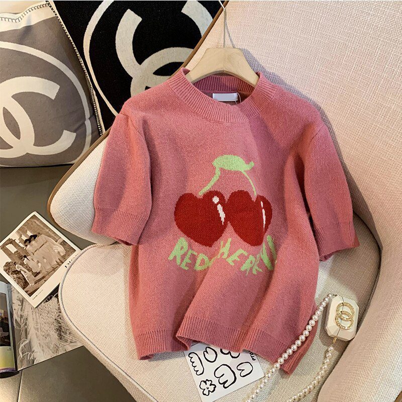 Cherry Jacquard Knitted Pullover Sweaters Women Short Sleeve O-neck Tops Casual Fashion Loose Korean Jumpers 2022