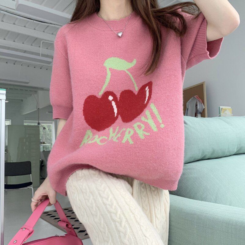 Cherry Jacquard Knitted Pullover Sweaters Women Short Sleeve O-neck Tops Casual Fashion Loose Korean Jumpers 2022